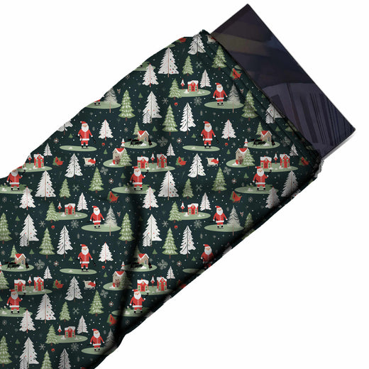 Flat fabric swatch: all-over one-way festive print of small Santas, design Design No_4792, Clothwala