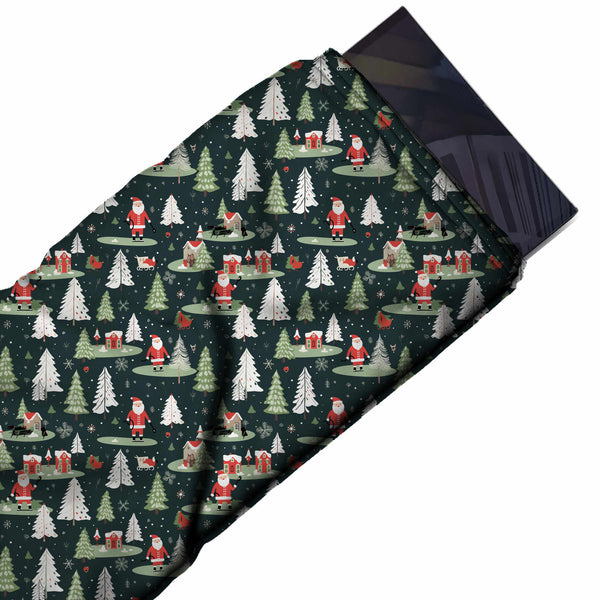 Dark Green & White Santa & Red Cottages Printed Printed American Crepe Fabric Fabric