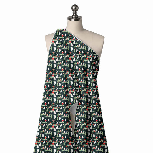 Dark Green & White Santa & Red Cottages Printed Printed American Crepe Fabric Fabric