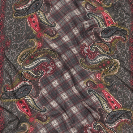 Dark Grey & Red Paisley & Plaid Print Fabric — design 1081A3C-SBGP/DS-520, Clothwala