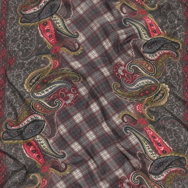 Dark Grey & Red Paisley & Plaid Print Fabric — design 1081A3C-SBGP/DS-520, Clothwala