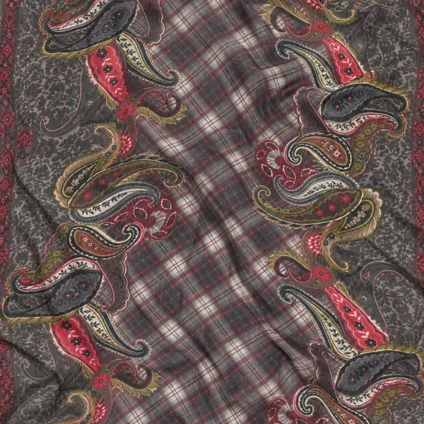 Dark Grey & Red Paisley & Plaid Print Fabric