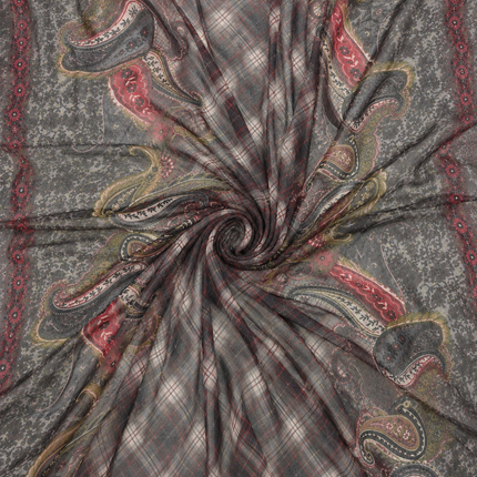 Dark Grey & Red Paisley & Plaid Print Fabric — design 1081A3C-SBGP/DS-520, Clothwala