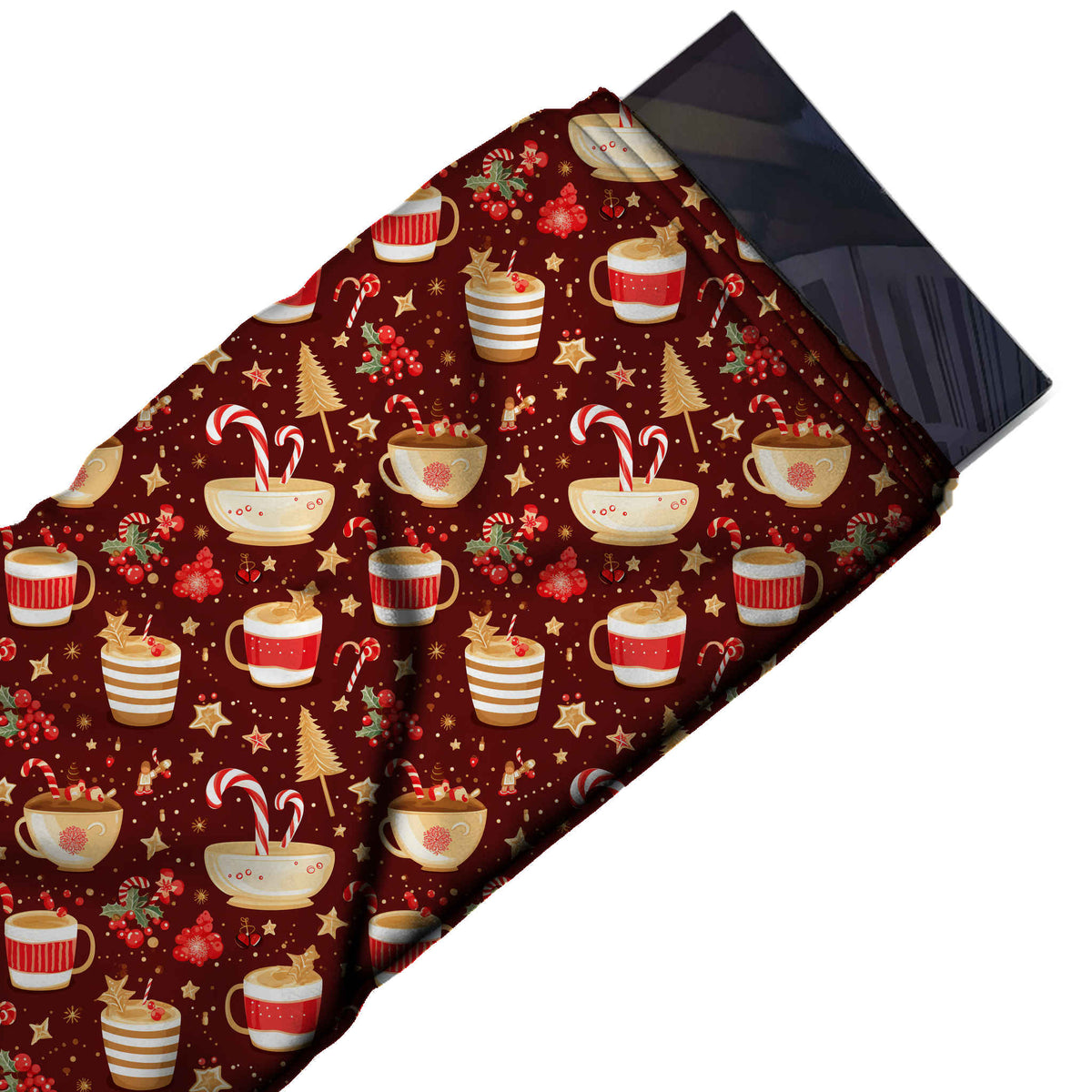 Flat fabric swatch: all-over one-way print of red-and-cream striped mugs, design Design No_4725, Clothwala
