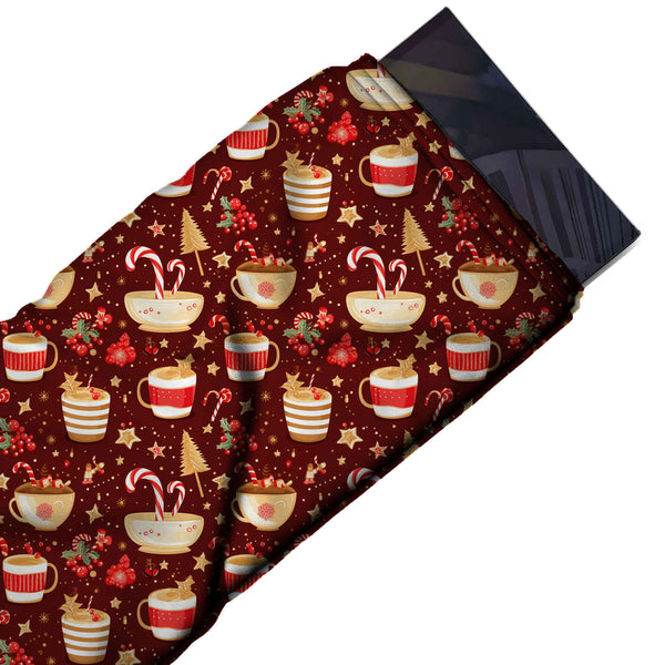 Dark Maroon & Cream Candy Cane Bowls & Stars Printed Printed American Crepe Fabric Fabric