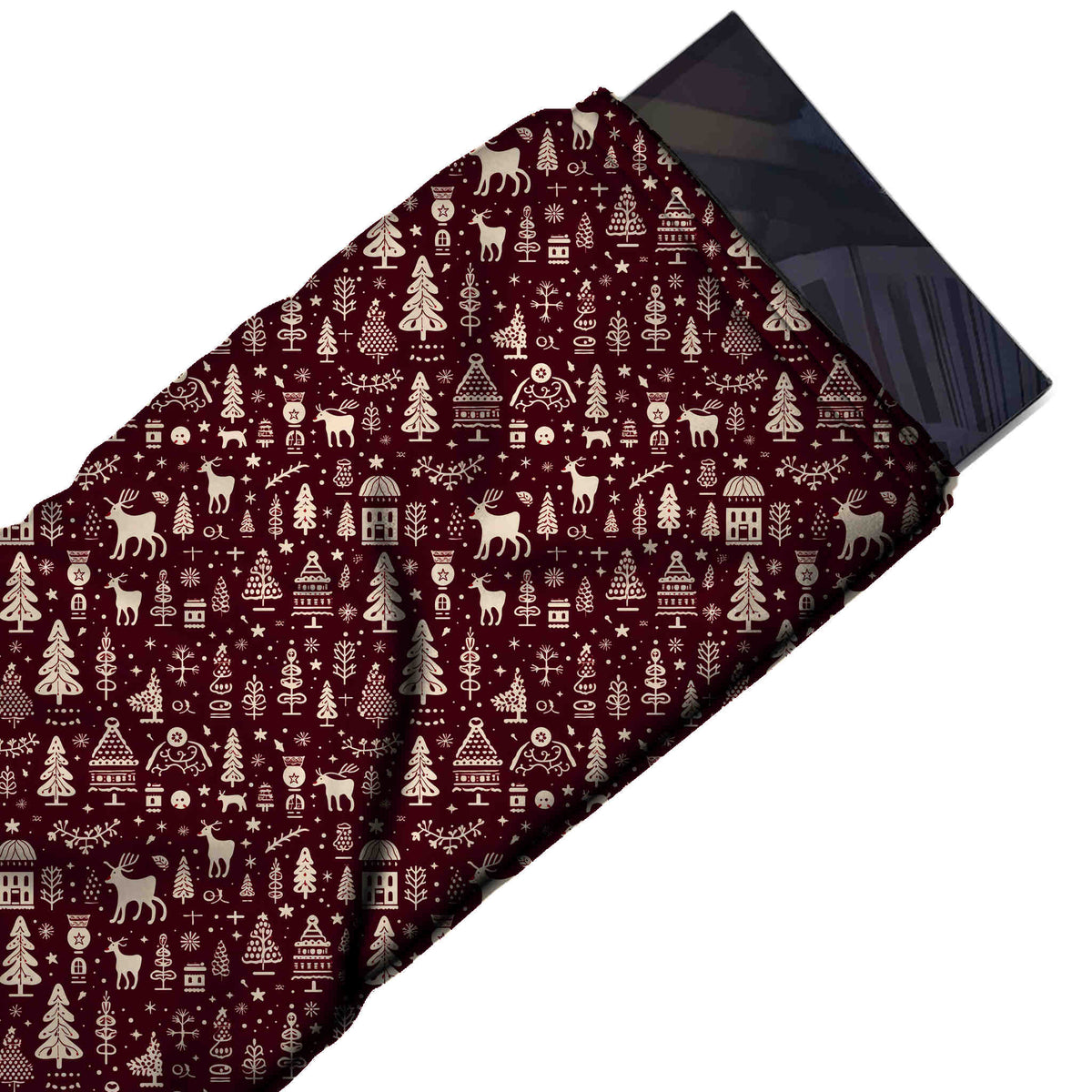 Flat fabric swatch: two-colour all-over Nordic-style print of cream reindeer, design Design No_4622, Clothwala