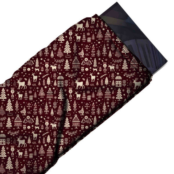 Dark Maroon & Cream Nordic Reindeer & Firs Printed Pure Natural Crepe Fabric