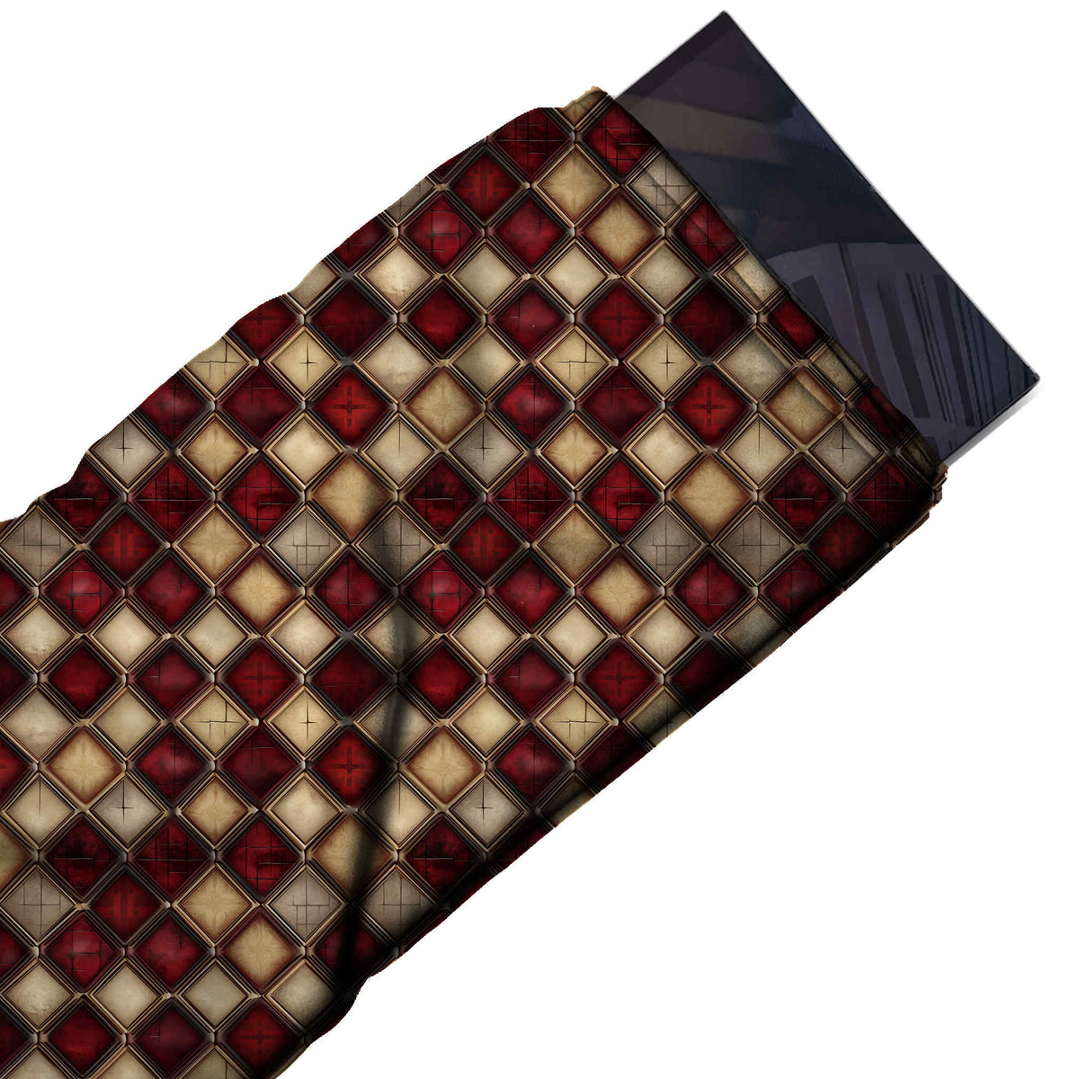 Flat fabric swatch: all-over small-scale mosaic of framed diamond tiles in crimson, cream, design Design No_4247, Clothwala