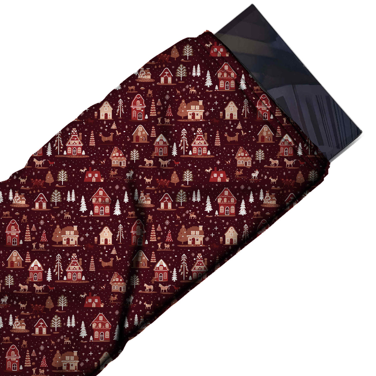 Flat fabric swatch: all-over winter village print of gabled houses in dusty red, design Design No_4608, Clothwala