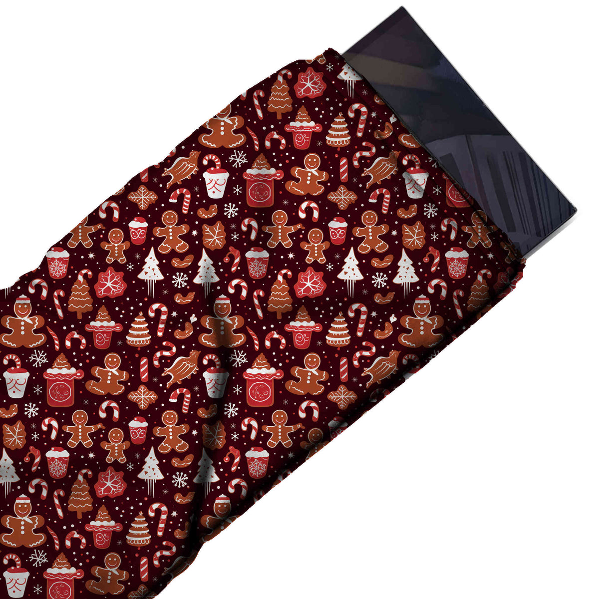 Flat fabric swatch: closely packed all-over print of ginger-brown iced gingerbread men, design Design No_4616, Clothwala