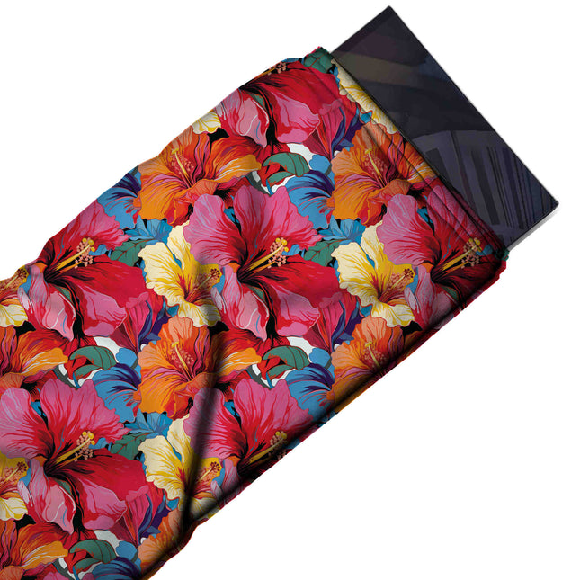 Flat fabric swatch: very large-scale packed floral of red and pink hibiscus with pale, design Design No_4483, Clothwala