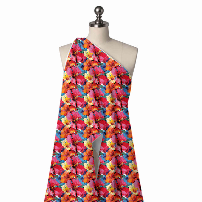 Draped on a mannequin: very large-scale packed floral of red and pink hibiscus with pale, design Design No_4483, Clothwala