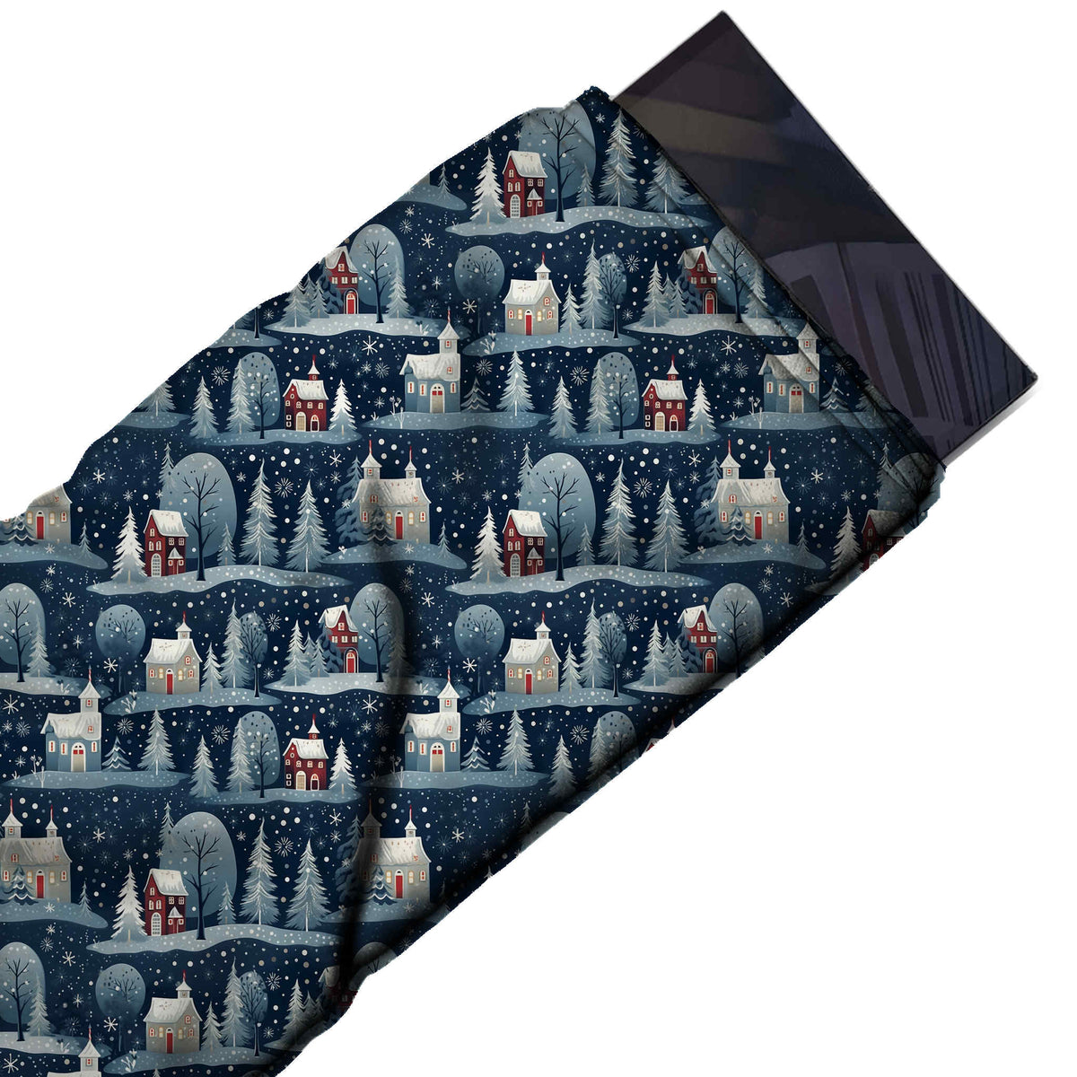 Flat fabric swatch: one-way all-over night scene of small red and cream houses and, design Design No_4661, Clothwala