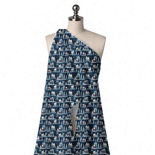 Dark Navy & Blue Grey Snowfall Chapels & Trees Printed Pure Natural Crepe Fabric