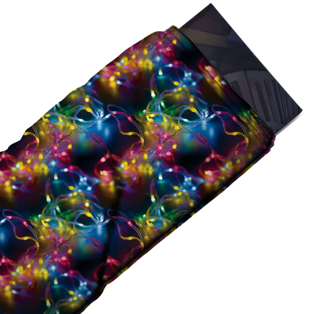 Flat fabric swatch: all-over photographic print of looping strings of glowing fairy lights, design Design No_4850, Clothwala