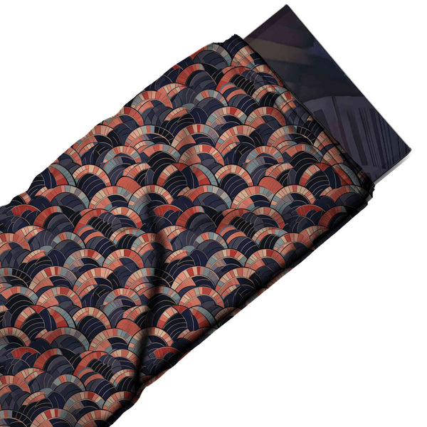 Dark Navy & Coral Mosaic Arch Scallops Printed French Crepe Fabric