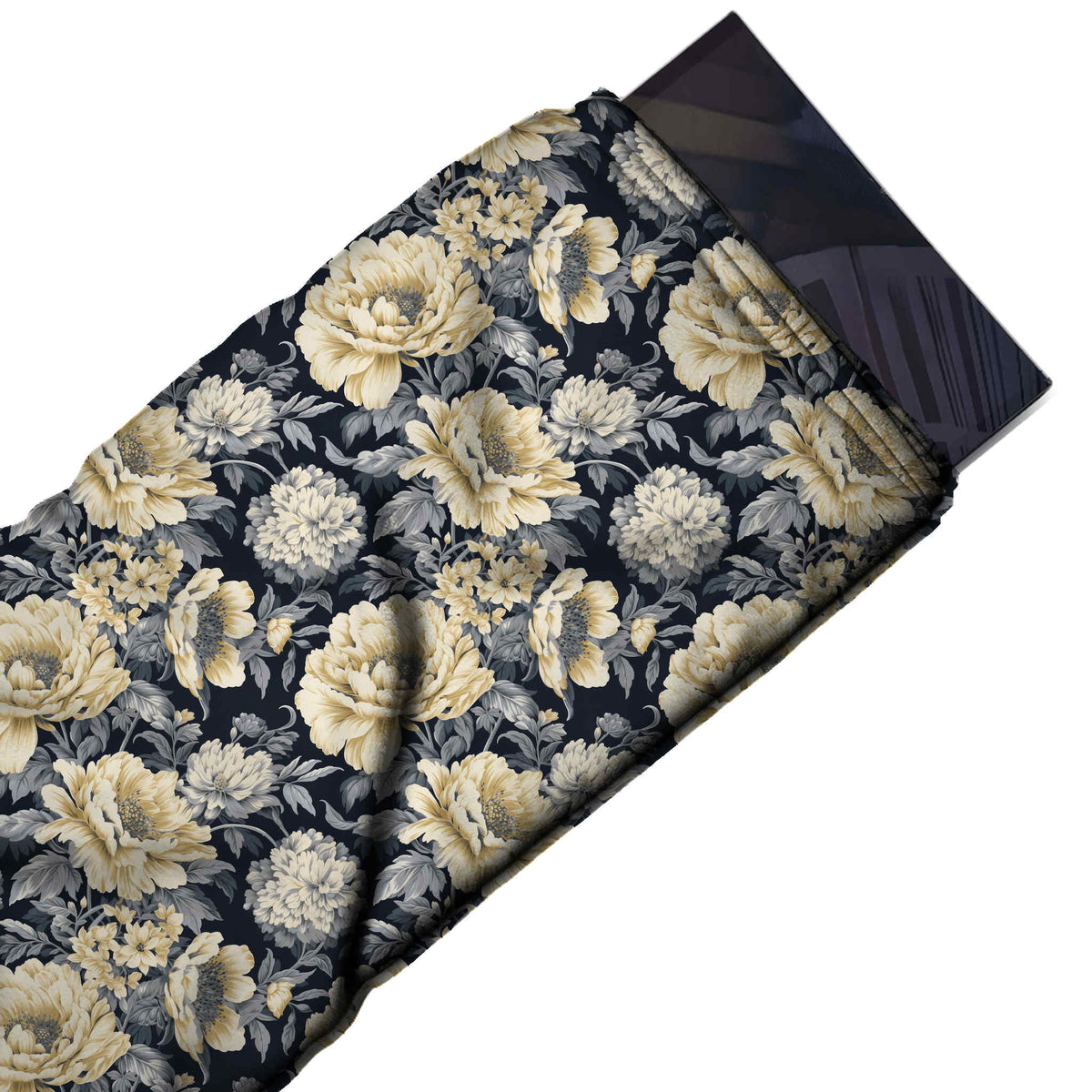 Dark Navy & Cream Peony & Pompom Bloom Printed Moss Crepe Fabric - flat fabric swatch, design Design No_3783, Clothwala