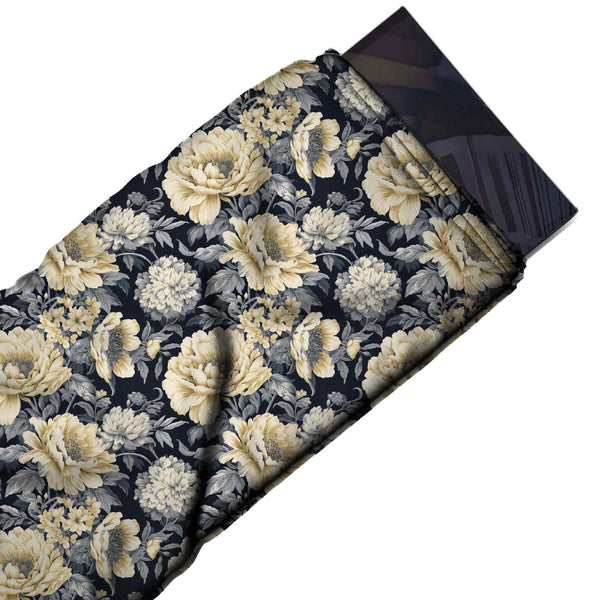 Dark Navy & Cream Peony & Pompom Bloom Printed Moss Crepe Fabric