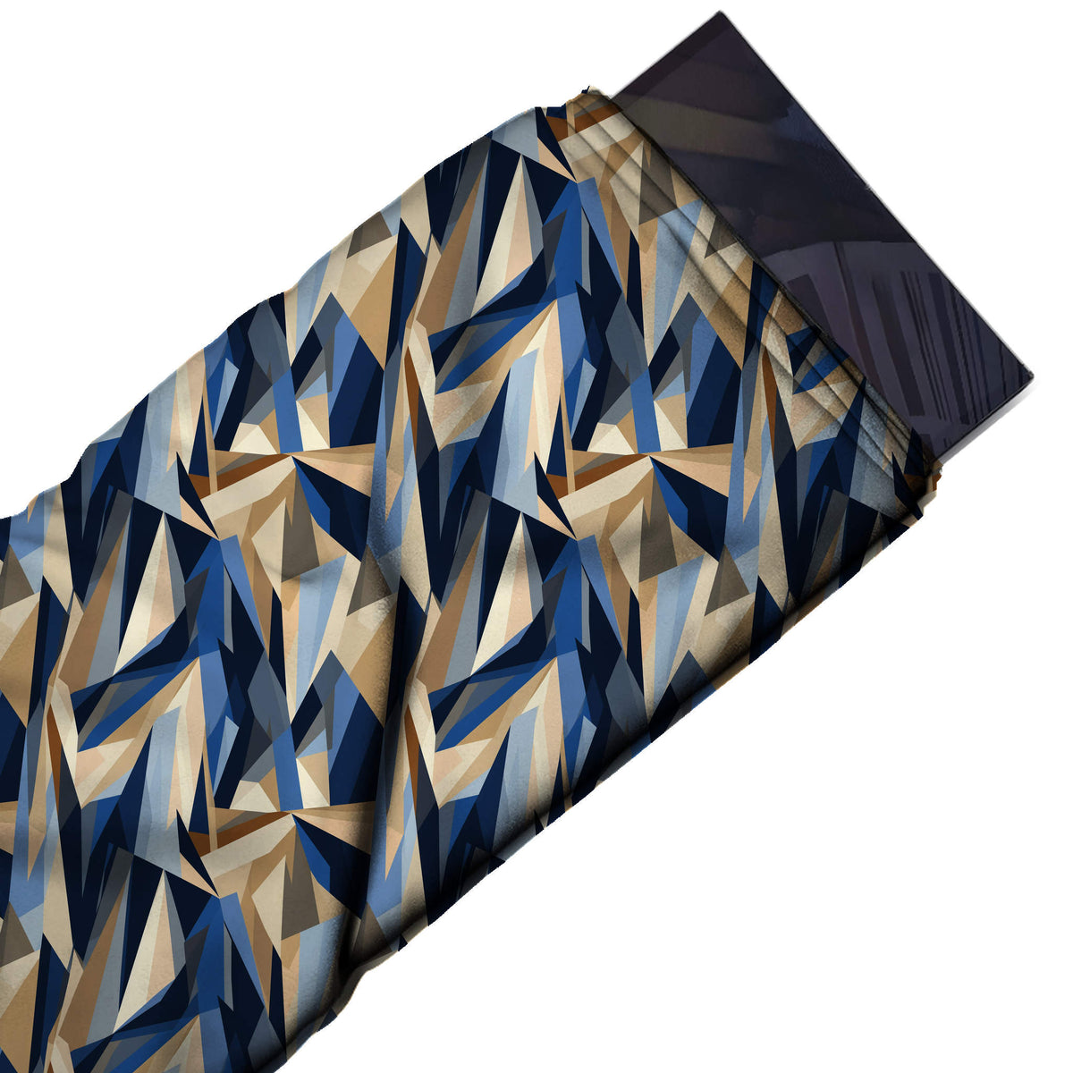 Dark Navy & Cream Vertical Spike Shards Printed Moss Crepe Fabric - flat fabric swatch, design Design No_3810, Clothwala