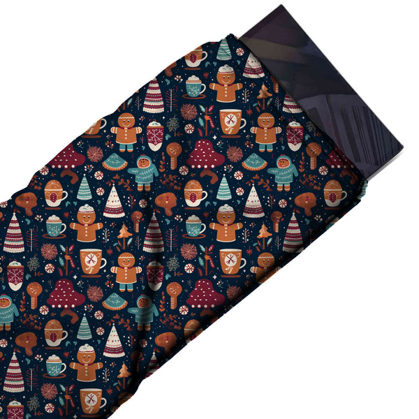 Dark Navy & Ginger Orange Gingerbread & Cocoa Mugs Printed Pure Natural Crepe Fabric