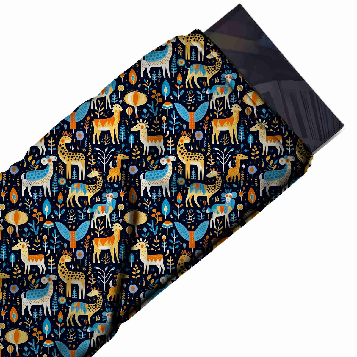 Dark Navy & Golden Orange Blue Llama & Giraffe Printed Moss Crepe Fabric - flat fabric swatch, design Design No_3887, Clothwala
