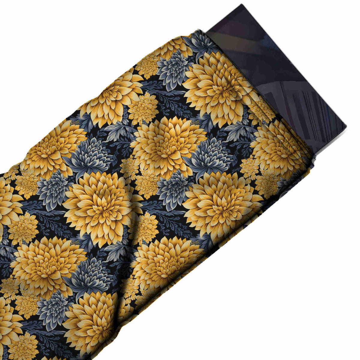 Dark Navy & Golden Yellow Dahlia Cluster Printed Moss Crepe Fabric - flat fabric swatch, design Design No_3784, Clothwala