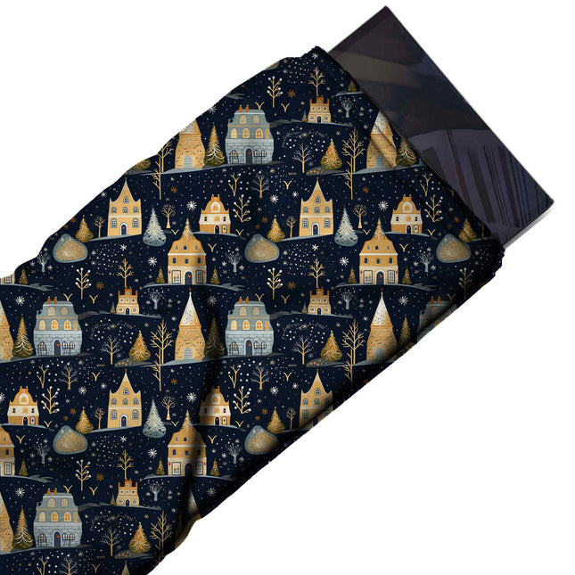 Flat fabric swatch: one-way all-over folk-style print of small golden yellow tall gabled, design Design No_4665, Clothwala