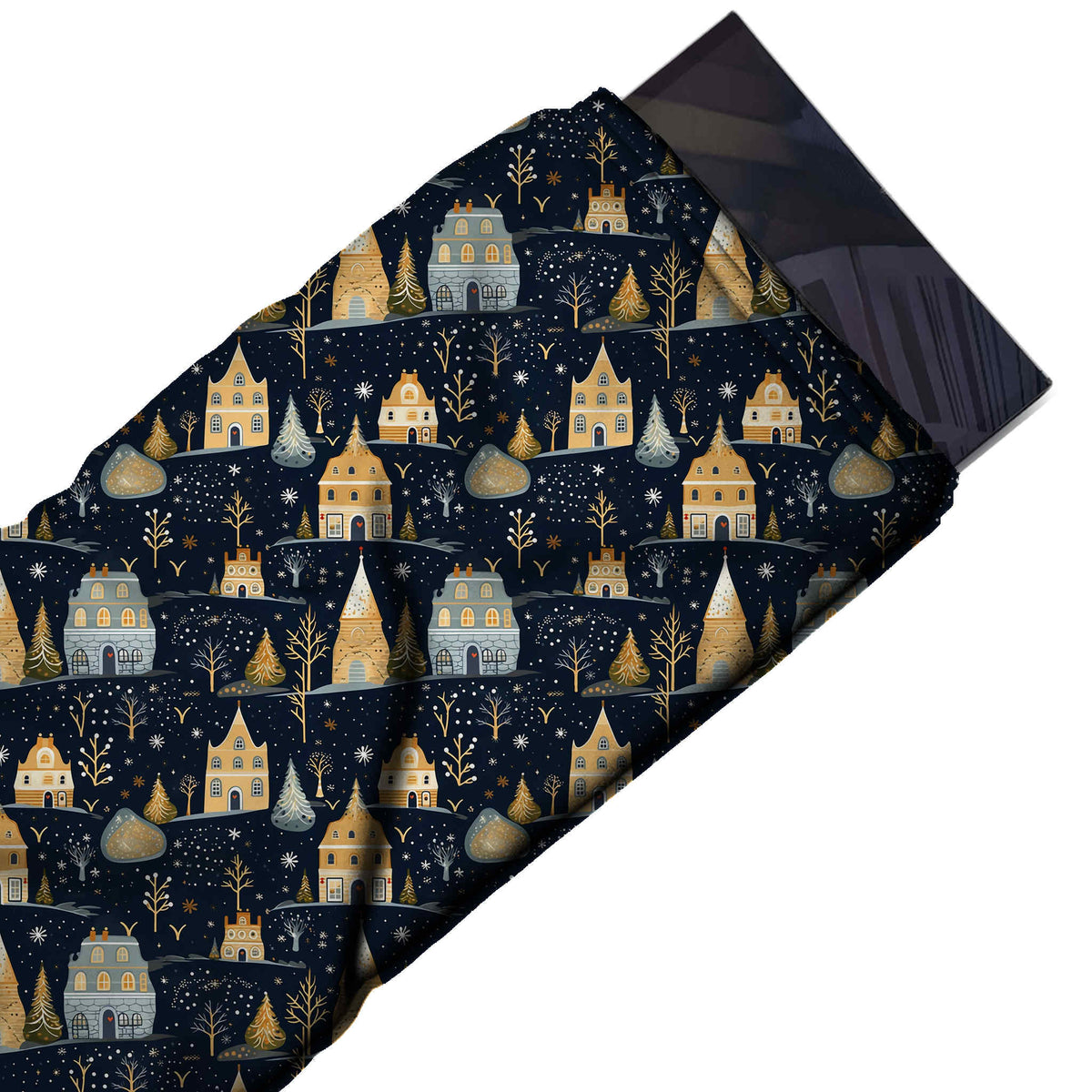 Flat fabric swatch: one-way all-over folk-style print of small golden yellow tall gabled, design Design No_4665, Clothwala