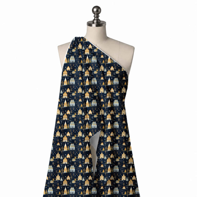 Draped on a mannequin: one-way all-over folk-style print of small golden yellow tall, design Design No_4665, Clothwala
