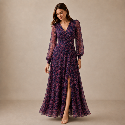 Dark Navy & Magenta Ditsy Floral Sprigs Print Fabric — design 10748G0-SBGP/DS-59, Clothwala