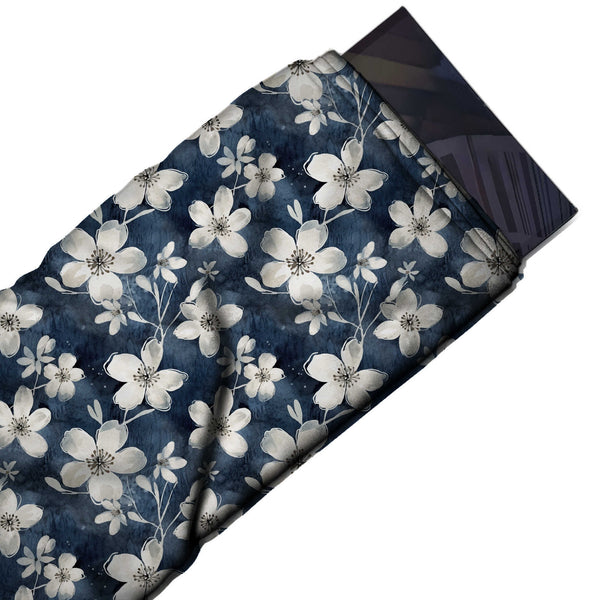 Dark Navy & Off White Blossom Sprays Printed Moss Crepe Fabric