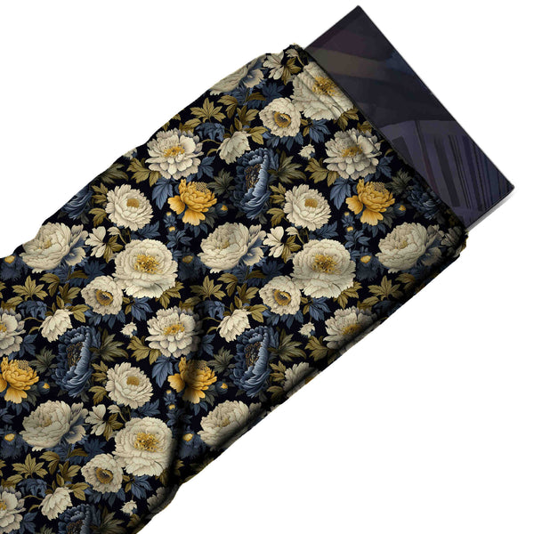 Dark Navy & Off White Peony & Mustard Bloom Printed Moss Crepe Fabric