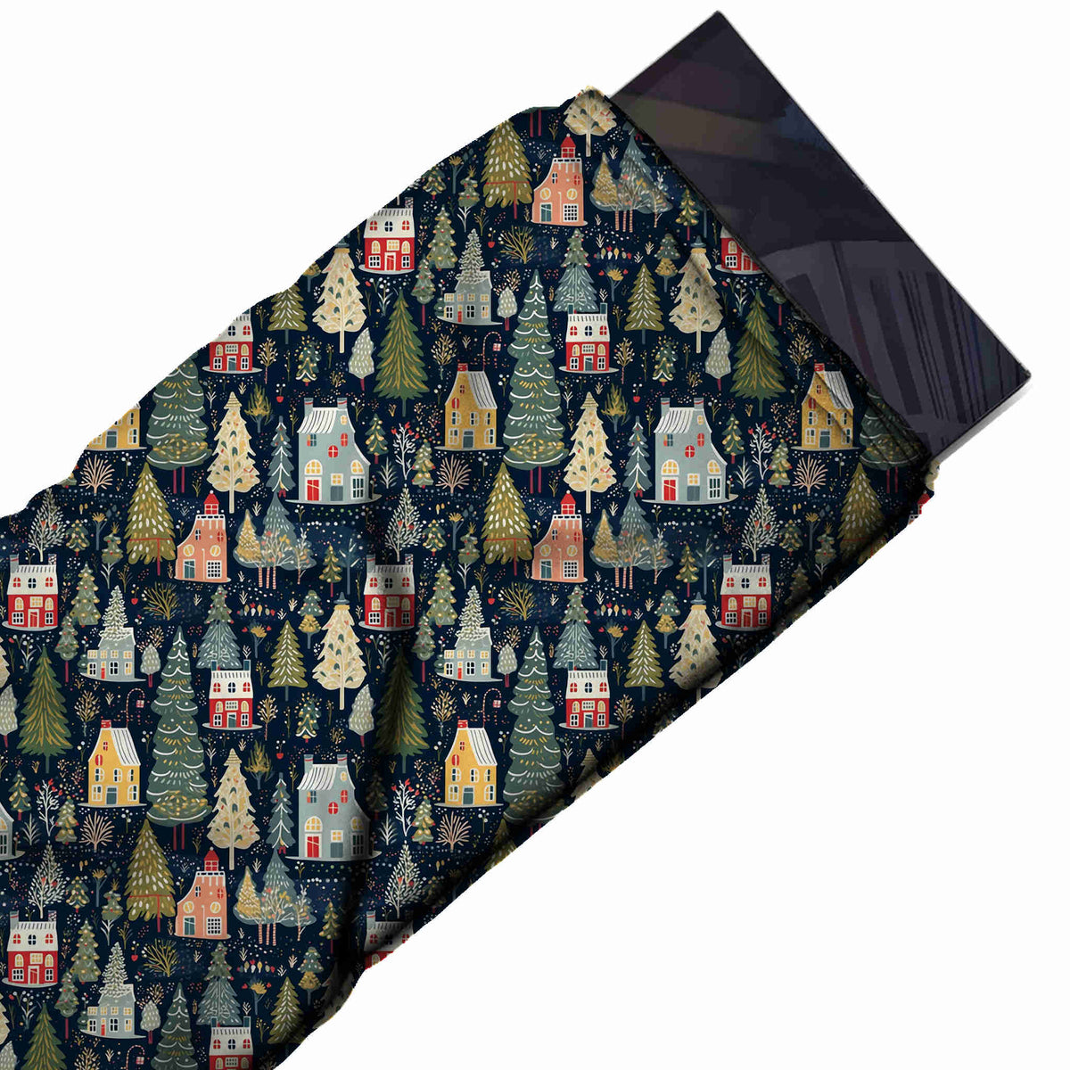 Flat fabric swatch: dense one-way all-over folk-style print of tall narrow houses in, design Design No_4654, Clothwala