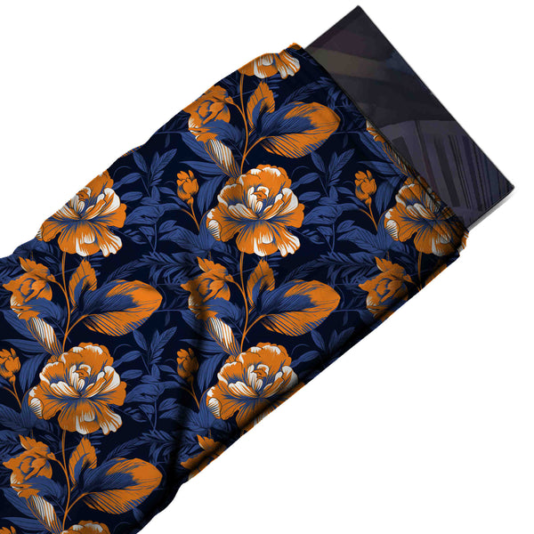 Dark Navy & Orange Peony Stem & Indigo Leaf Printed Pure Natural Crepe Fabric