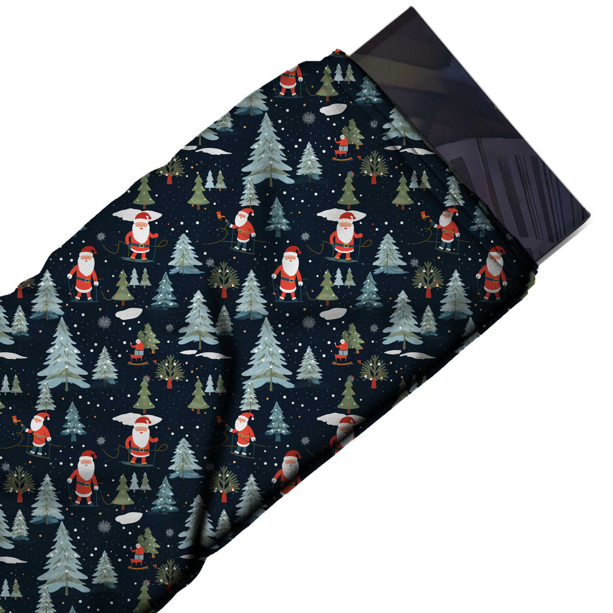 Flat fabric swatch: one-way scattered layout of flat-coloured Santas on skis and skates, design Design No_4784, Clothwala