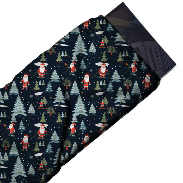 Dark Navy & Pale Blue Grey Santa & Frosty Pines Printed Printed American Crepe Fabric Fabric