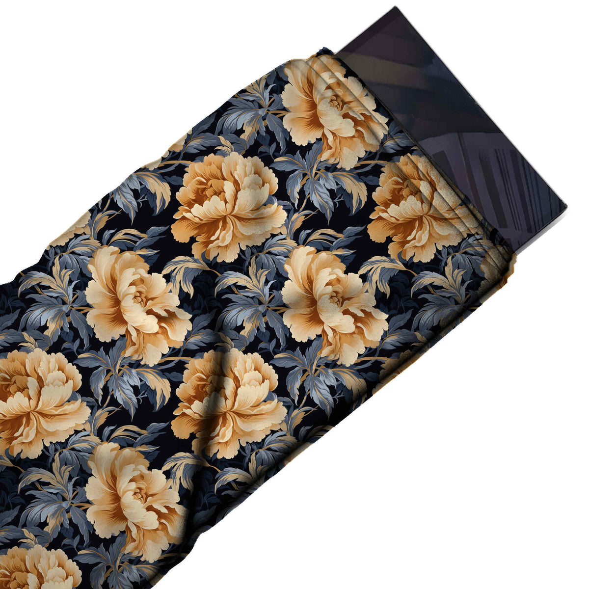 Dark Navy & Peach Apricot Peony & Slate Leaf Printed Moss Crepe Fabric - flat fabric swatch, design Design No_3769, Clothwala