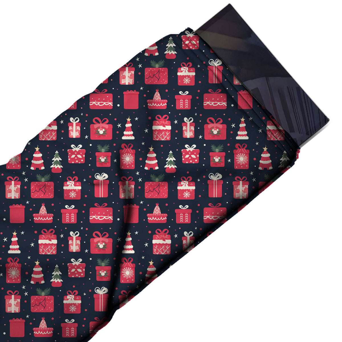 Flat fabric swatch: regular rows of pink-red gift boxes with bows and pale pink detailing, design Design No_4703, Clothwala