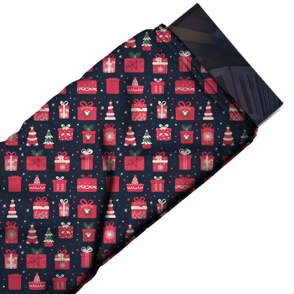 Dark Navy & Pink Red Gift Box Rows Printed Printed American Crepe Fabric Fabric