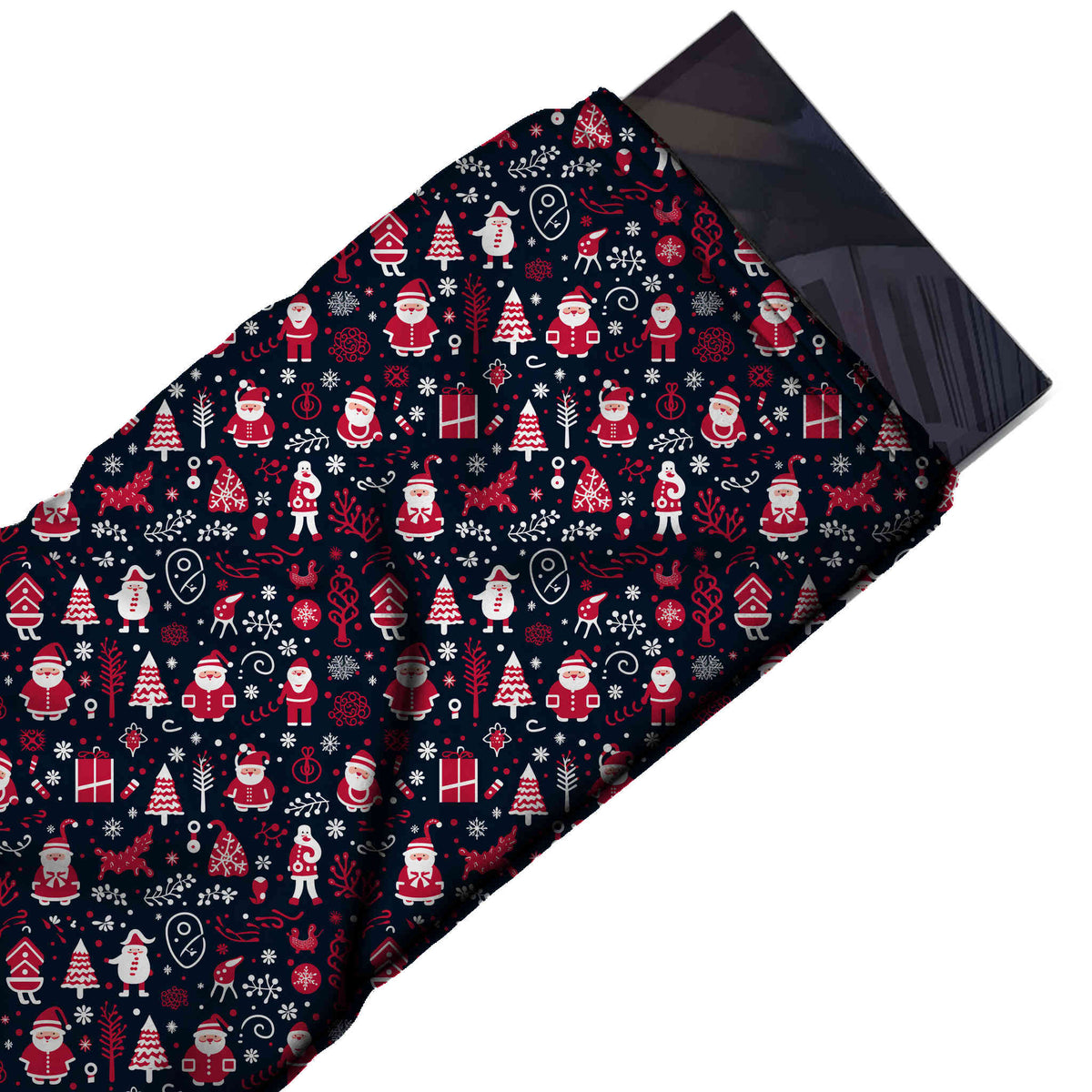 Flat fabric swatch: dense all-over small-scale Christmas print of red and white Santas, design Design No_4591, Clothwala