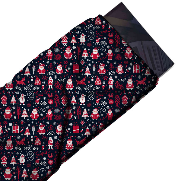 Dark Navy & Red Santa & Gift Boxes Printed Pure Natural Crepe Fabric