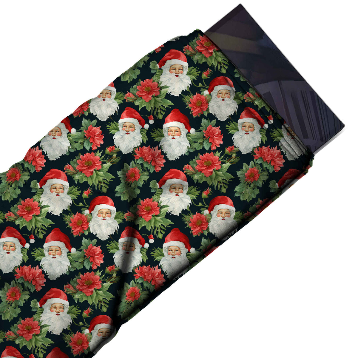 Flat fabric swatch: packed all-over layout of medium-scale shaded Santa faces with red, design Design No_4513, Clothwala