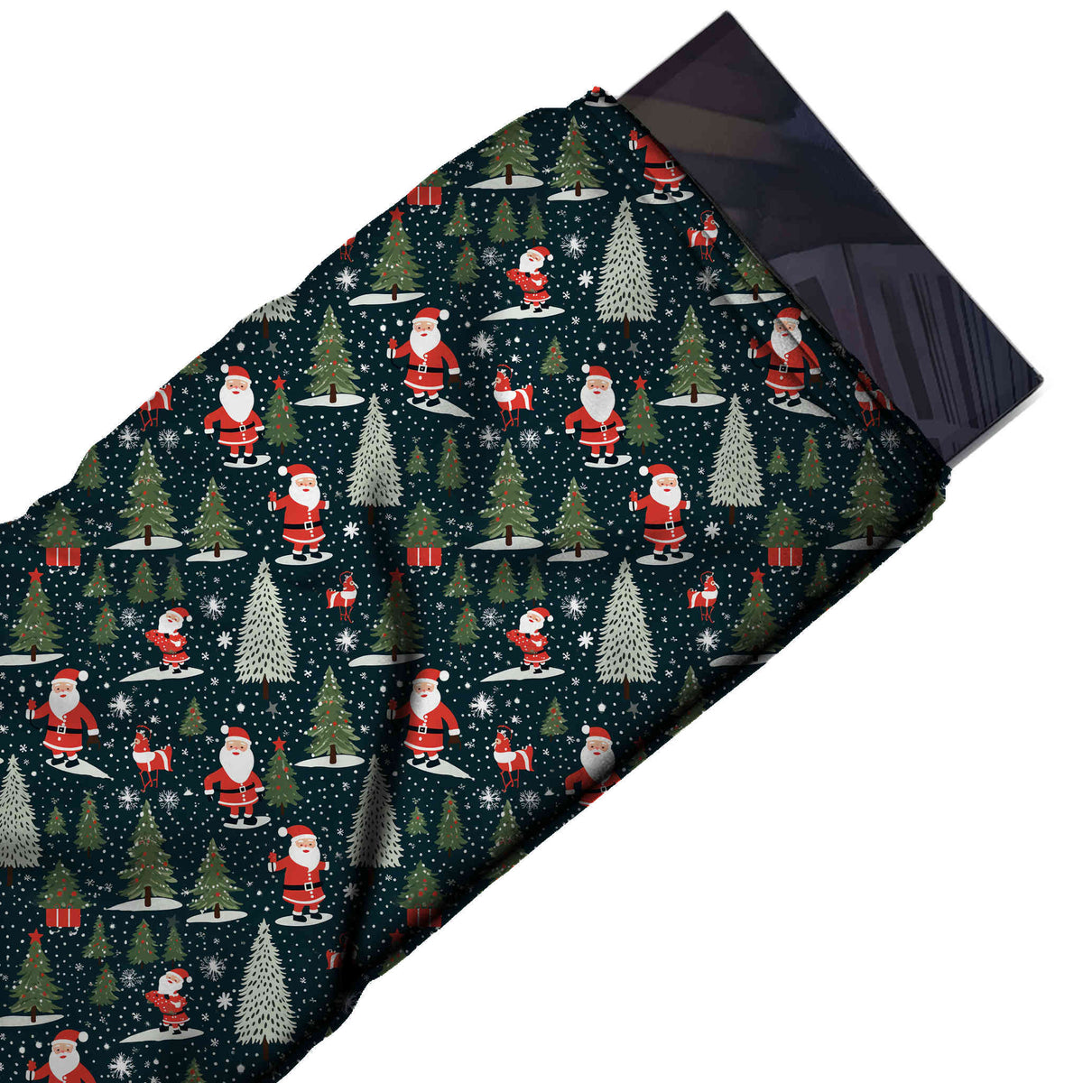 Flat fabric swatch: all-over one-way festive print of red Santas, design Design No_4796, Clothwala