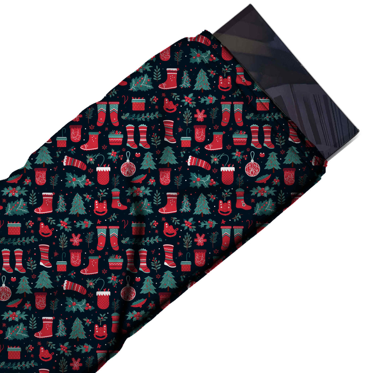 Flat fabric swatch: dense small-scale one-way print of red patterned stockings, boots, design Design No_4704, Clothwala