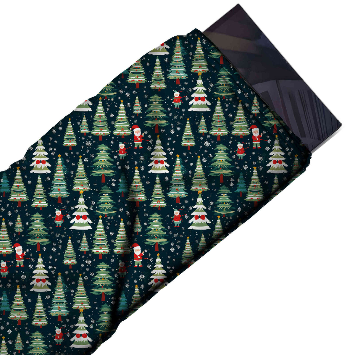 Flat fabric swatch: regular all-over one-way layout of small striped Christmas trees in, design Design No_4516, Clothwala