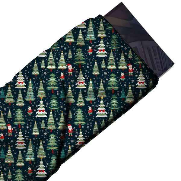 Dark Navy & Sage Green Christmas Trees & Santa Printed Pure Natural Crepe Fabric
