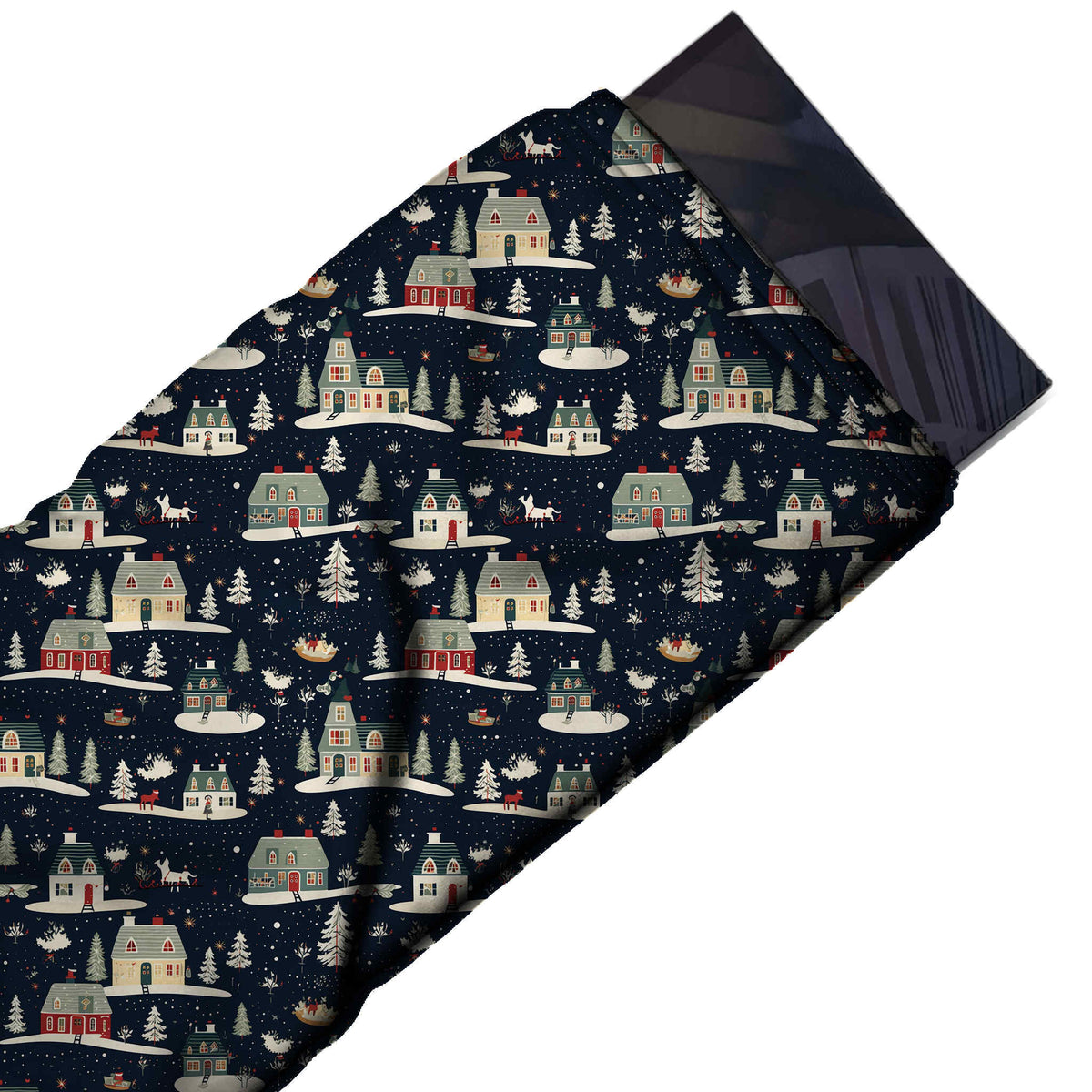 Flat fabric swatch: one-way all-over print of small sage grey and cream farmhouses with, design Design No_4668, Clothwala