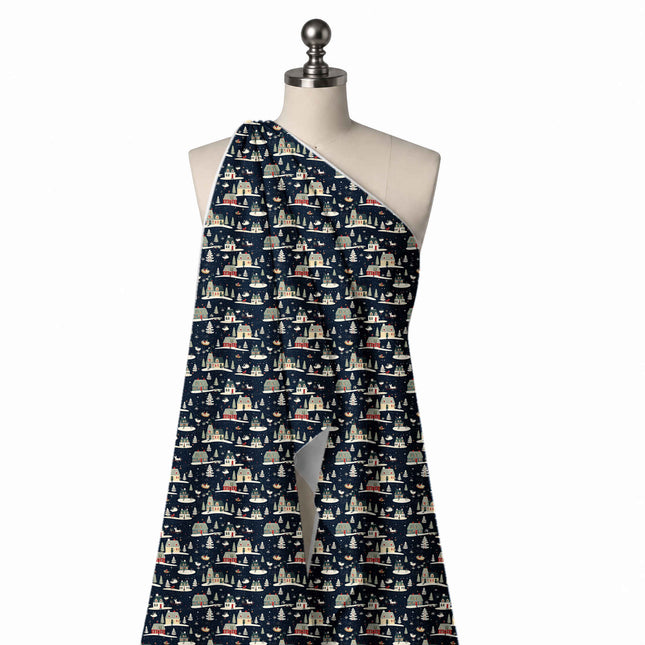 Draped on a mannequin: one-way all-over print of small sage grey and cream farmhouses with, design Design No_4668, Clothwala