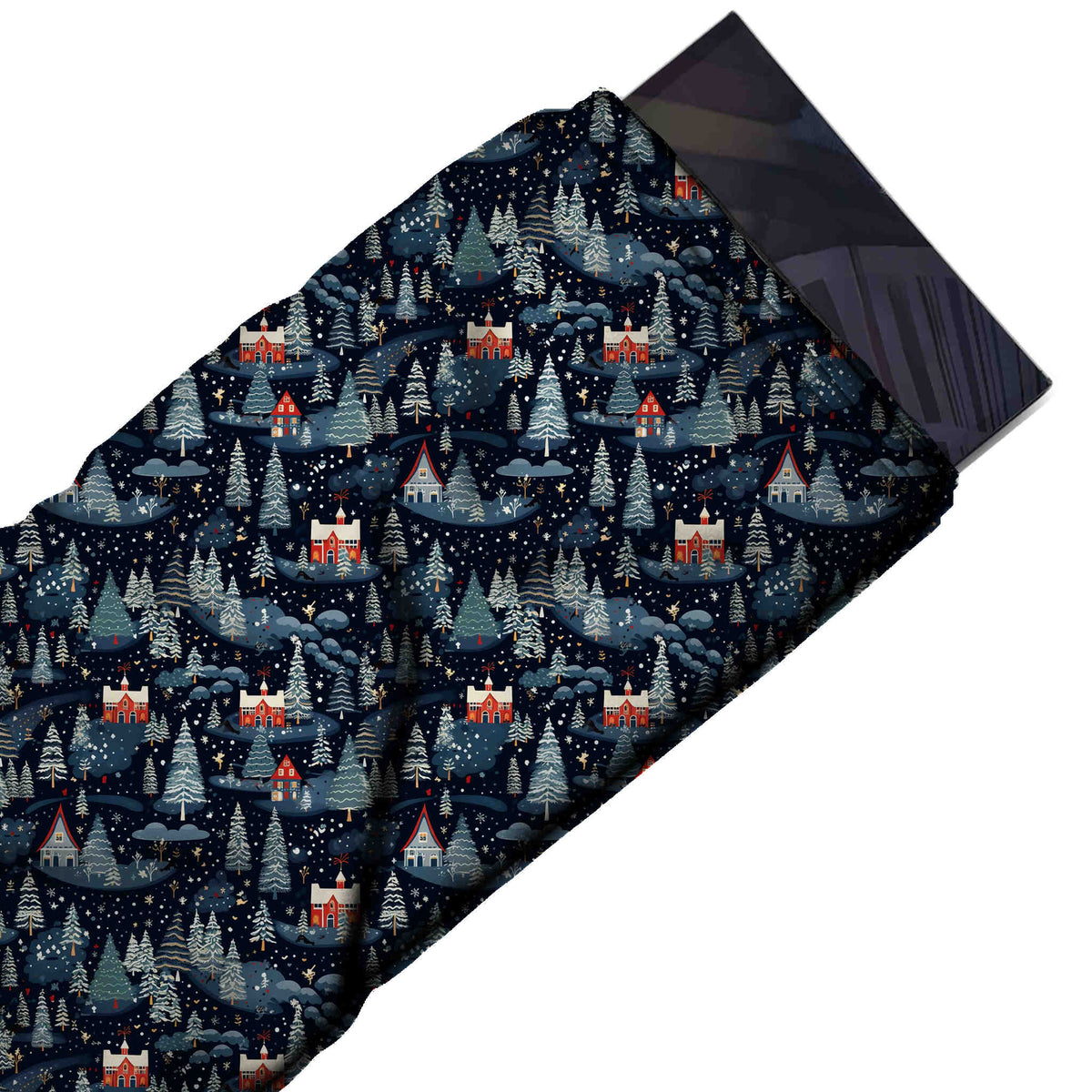 Flat fabric swatch: dense one-way all-over night forest of small slate blue and grey-blue, design Design No_4670, Clothwala