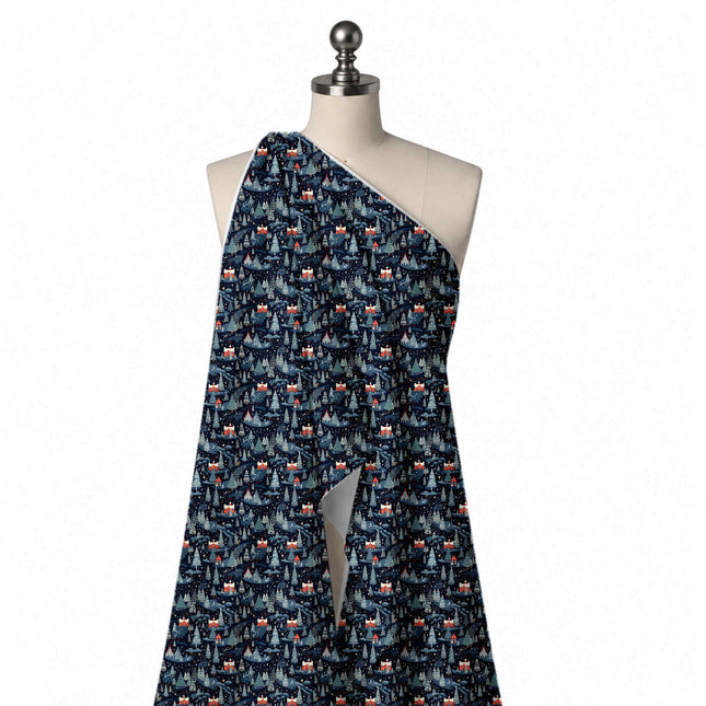 Draped on a mannequin: dense one-way all-over night forest of small slate blue and, design Design No_4670, Clothwala